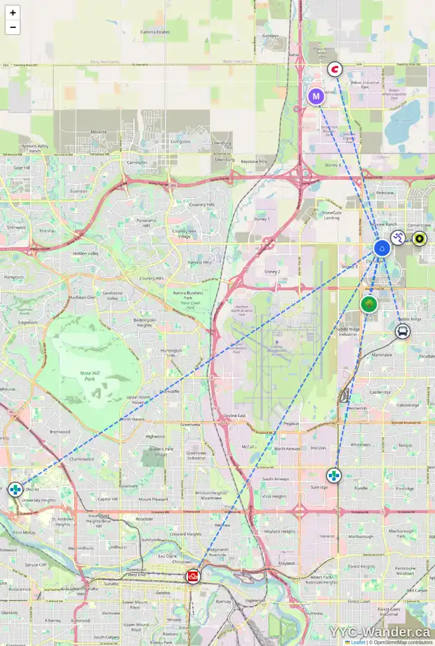 Daily accessibility map for 135 CITYSCAPE RO NE, Calgary showing nearby schools, grocery stores, parks, LRT stations and nearby amenities