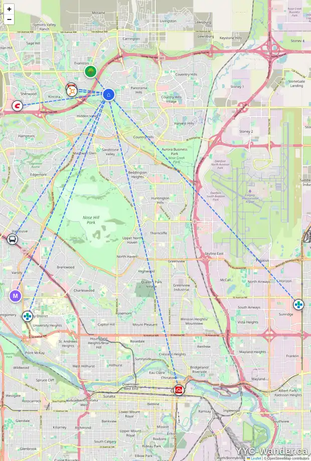 Daily accessibility map for 288 HIDDEN CREEK BV NW, Calgary showing nearby schools, grocery stores, parks, LRT stations and nearby amenities