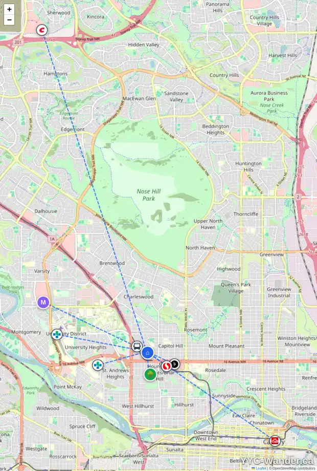 Daily accessibility map for 2227 VICTORIA CR NW, Calgary showing nearby schools, grocery stores, parks, LRT stations and nearby amenities