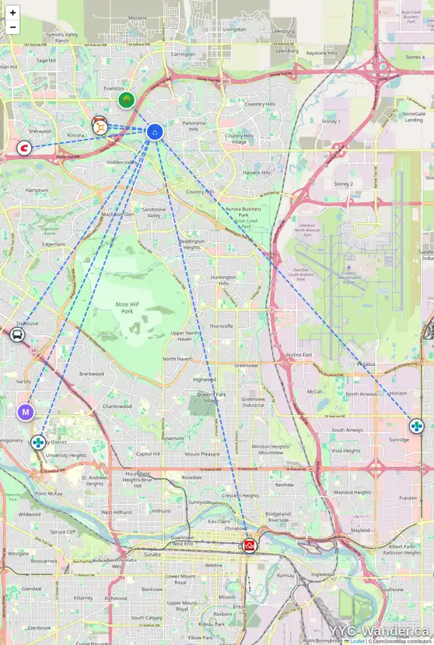 Daily accessibility map for 1739 HIDDEN CREEK WY NW, Calgary showing nearby schools, grocery stores, parks, LRT stations and nearby amenities