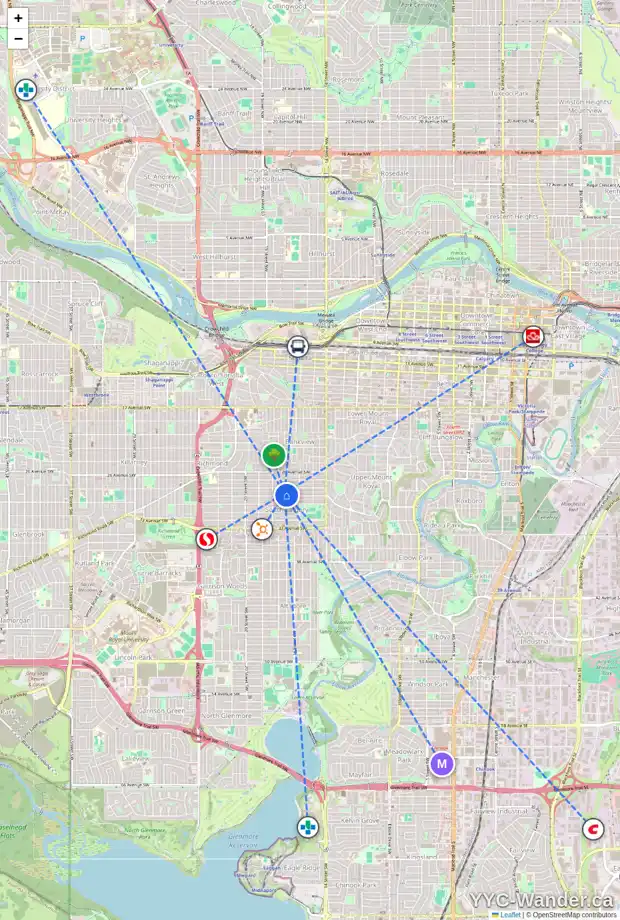 Daily accessibility map for 2937 17 ST SW, Calgary showing nearby schools, grocery stores, parks, LRT stations and nearby amenities