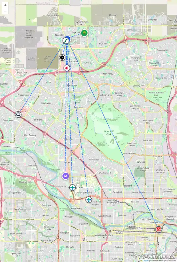 Daily accessibility map for 802 881 SAGE VALLEY BV NW, Calgary showing nearby schools, grocery stores, parks, LRT stations and nearby amenities