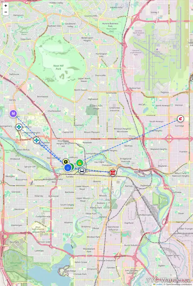 Daily accessibility map for 1820 WESTMOUNT BV NW, Calgary showing nearby schools, grocery stores, parks, LRT stations and nearby amenities