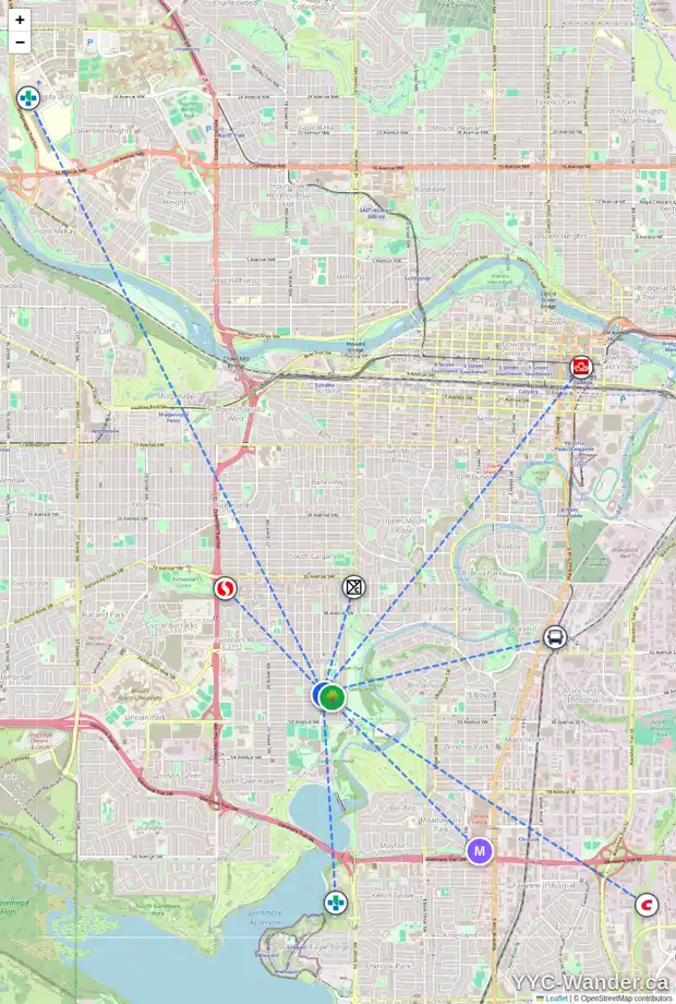 Daily accessibility map for 4716 16 ST SW, Calgary showing nearby schools, grocery stores, parks, LRT stations and nearby amenities