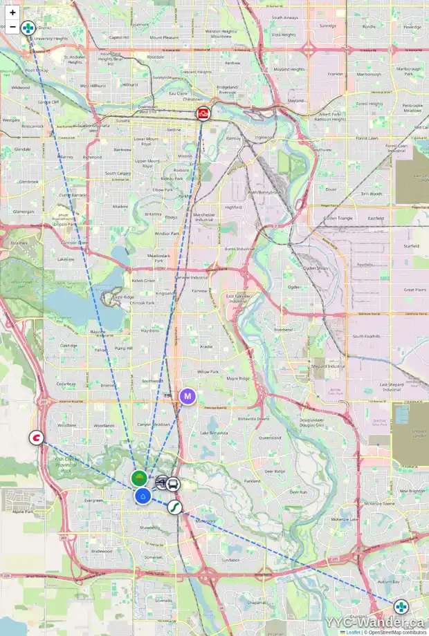 Daily accessibility map for 14809 MILLRISE HL SW, Calgary showing nearby schools, grocery stores, parks, LRT stations and nearby amenities