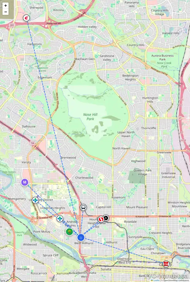 Daily accessibility map for 2439 6 AV NW, Calgary showing nearby schools, grocery stores, parks, LRT stations and nearby amenities