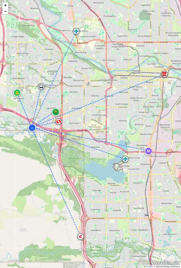 Daily accessibility map for 30 DISCOVERY RI SW, Calgary showing nearby schools, grocery stores, parks, LRT stations and nearby amenities