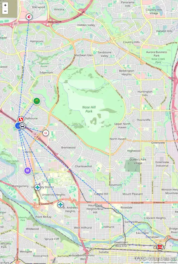 Daily accessibility map for 707 16 VARSITY ESTATES CI NW, Calgary showing nearby schools, grocery stores, parks, LRT stations and nearby amenities