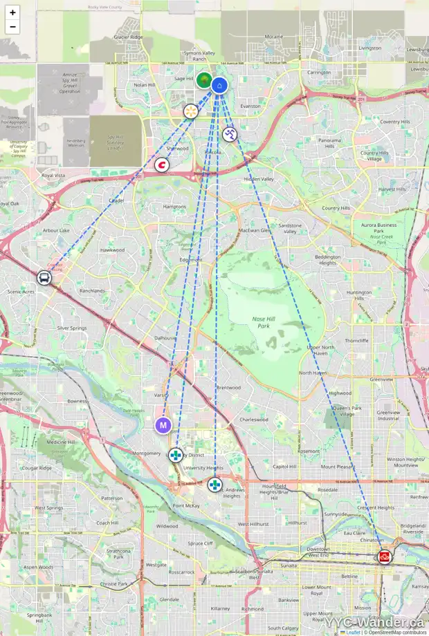 Daily accessibility map for 245 SAGE MEADOWS PA NW, Calgary showing nearby schools, grocery stores, parks, LRT stations and nearby amenities