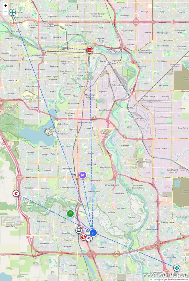 Daily accessibility map for 219 20 MIDPARK CR SE, Calgary showing nearby schools, grocery stores, parks, LRT stations and nearby amenities