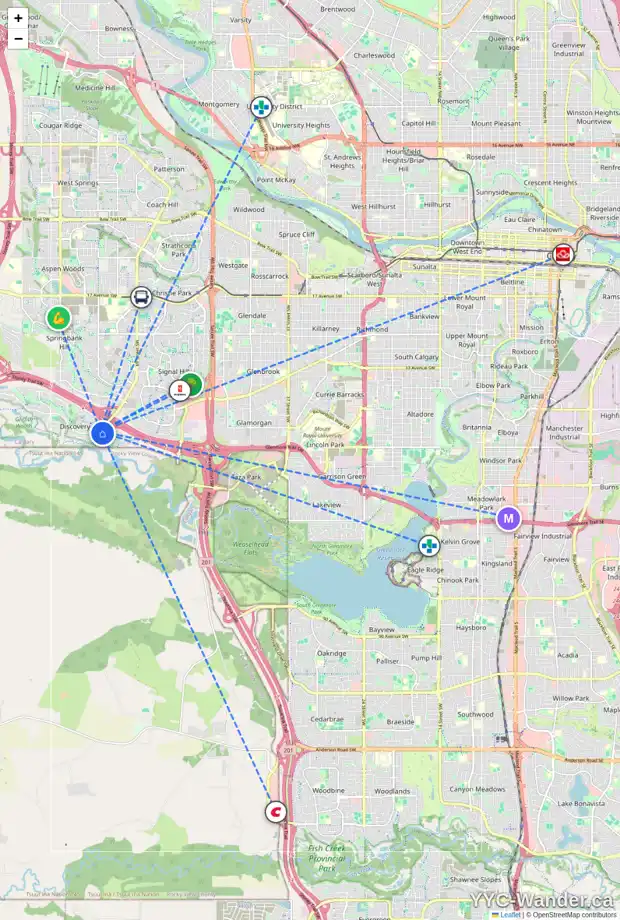 Daily accessibility map for 113 DISCOVERY PL SW, Calgary showing nearby schools, grocery stores, parks, LRT stations and nearby amenities