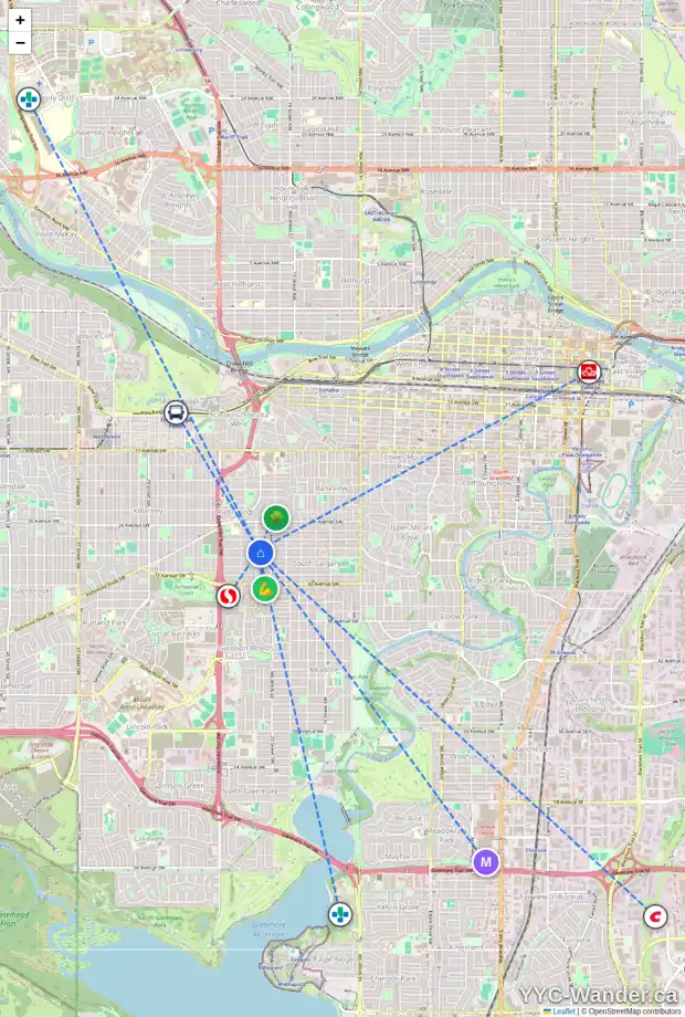 Daily accessibility map for 2139 29 AV SW, Calgary showing nearby schools, grocery stores, parks, LRT stations and nearby amenities