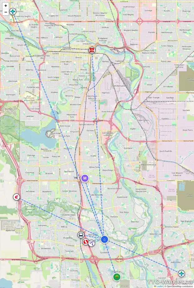 Daily accessibility map for 16 SUNMOUNT CL SE, Calgary showing nearby schools, grocery stores, parks, LRT stations and nearby amenities