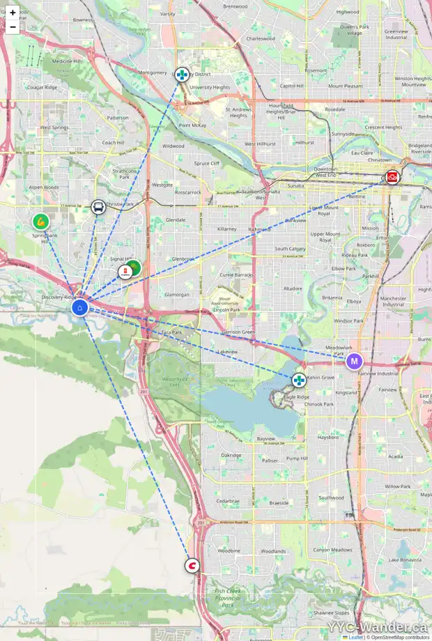 Daily accessibility map for 65 DISCOVERY RI SW, Calgary showing nearby schools, grocery stores, parks, LRT stations and nearby amenities