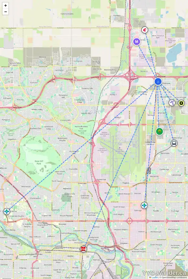 Daily accessibility map for 179 REDSTONE HT NE, Calgary showing nearby schools, grocery stores, parks, LRT stations and nearby amenities