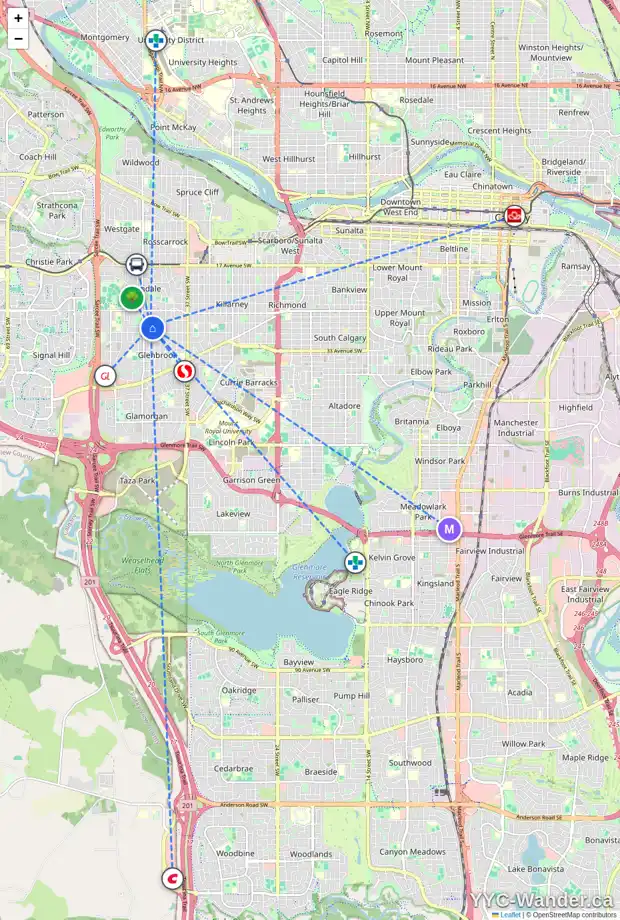 Daily accessibility map for 2824 GRANT CR SW, Calgary showing nearby schools, grocery stores, parks, LRT stations and nearby amenities