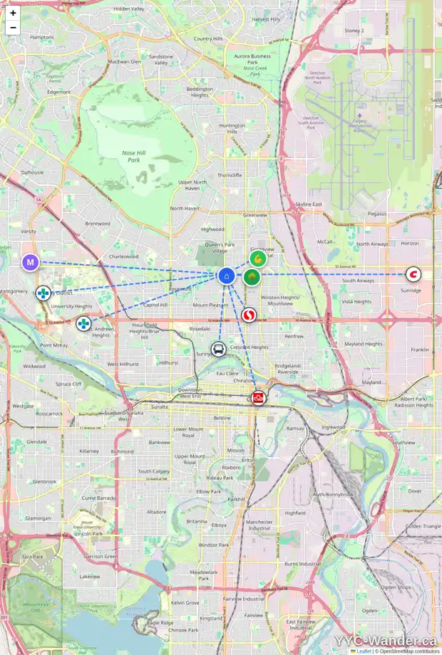 Daily accessibility map for 473 30 AV NW, Calgary showing nearby schools, grocery stores, parks, LRT stations and nearby amenities
