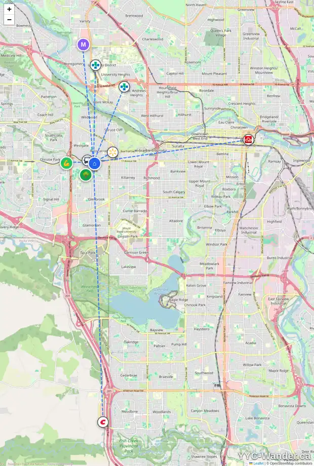 Daily accessibility map for 1908 GLENMOUNT DR SW, Calgary showing nearby schools, grocery stores, parks, LRT stations and nearby amenities