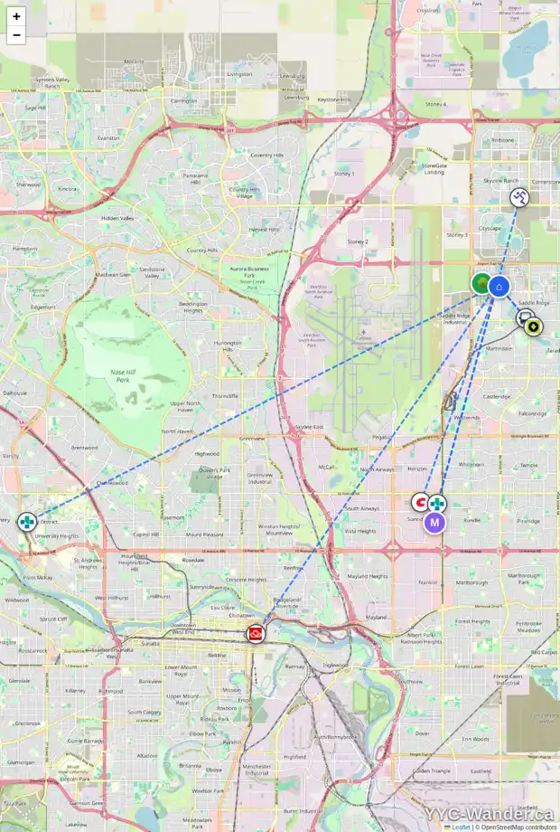 Daily accessibility map for 48 SAVANNA RD NE, Calgary showing nearby schools, grocery stores, parks, LRT stations and nearby amenities
