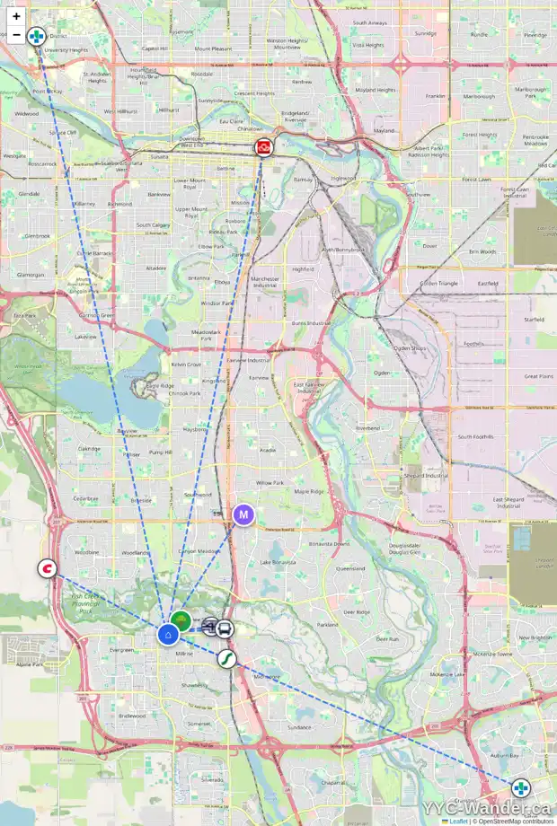 Daily accessibility map for 9 EVERGREEN PT SW, Calgary showing nearby schools, grocery stores, parks, LRT stations and nearby amenities