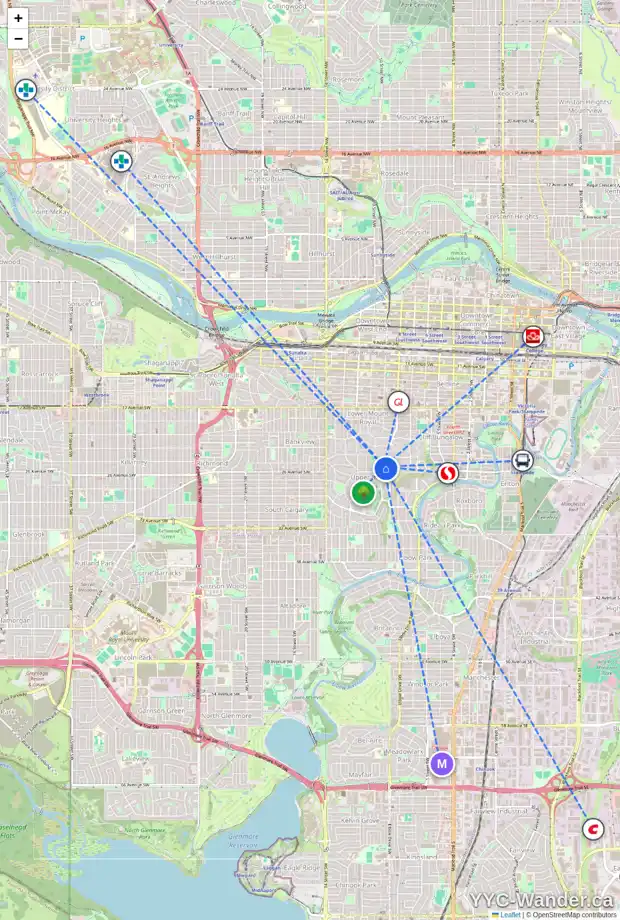 Daily accessibility map for 1007 HILLCREST AV SW, Calgary showing nearby schools, grocery stores, parks, LRT stations and nearby amenities