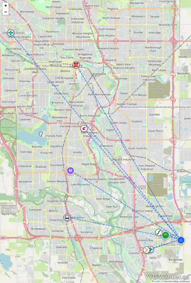 Daily accessibility map for 971 MAHOGANY BV SE, Calgary showing nearby schools, grocery stores, parks, LRT stations and nearby amenities