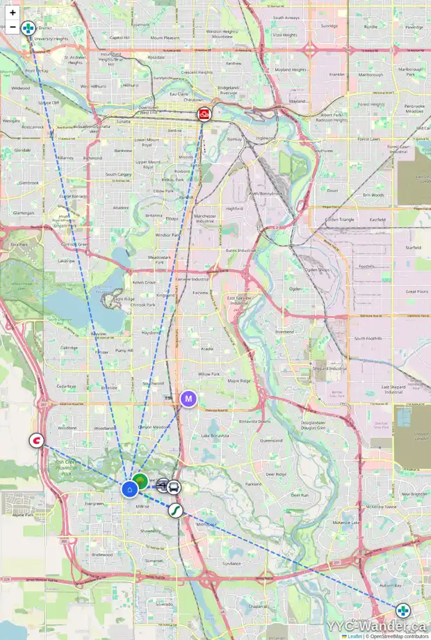 Daily accessibility map for 33 EVERGREEN PT SW, Calgary showing nearby schools, grocery stores, parks, LRT stations and nearby amenities