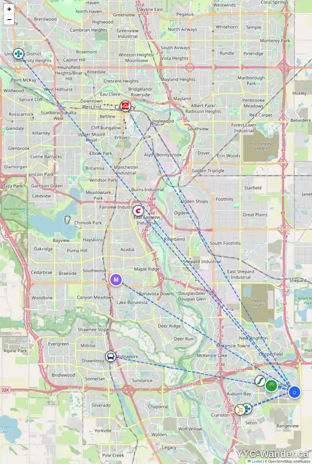 Daily accessibility map for 21 MAGNOLIA TC SE, Calgary showing nearby schools, grocery stores, parks, LRT stations and nearby amenities