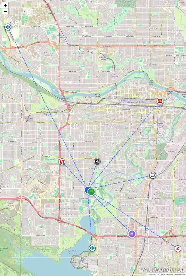 Daily accessibility map for 1705 46 AV SW, Calgary showing nearby schools, grocery stores, parks, LRT stations and nearby amenities