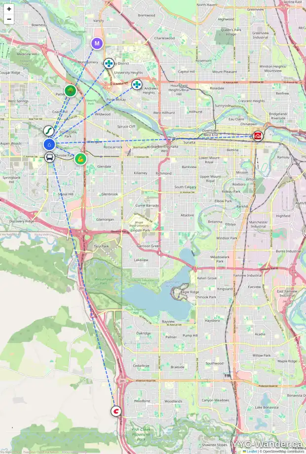 Daily accessibility map for 108 CHRISTIE KNOLL HT SW, Calgary showing nearby schools, grocery stores, parks, LRT stations and nearby amenities