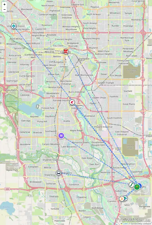 Daily accessibility map for 263 MARINE DR SE, Calgary showing nearby schools, grocery stores, parks, LRT stations and nearby amenities