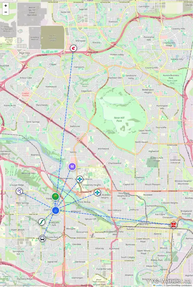 Daily accessibility map for 59 COACH MANOR RI SW, Calgary showing nearby schools, grocery stores, parks, LRT stations and nearby amenities