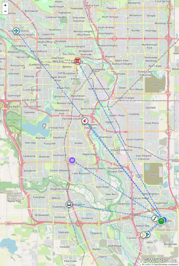 Daily accessibility map for 275 MARINE DR SE, Calgary showing nearby schools, grocery stores, parks, LRT stations and nearby amenities
