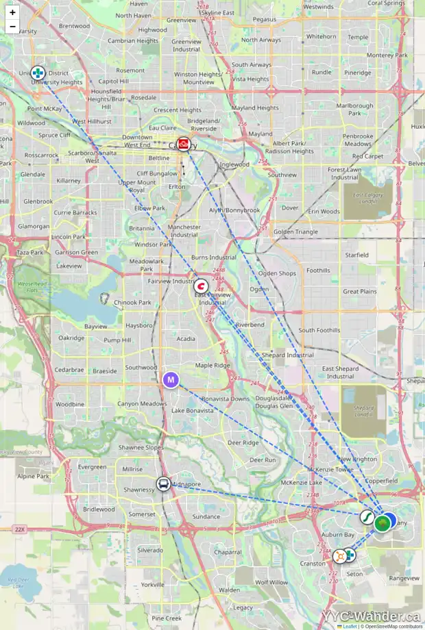 Daily accessibility map for 247 MARINE DR SE, Calgary showing nearby schools, grocery stores, parks, LRT stations and nearby amenities