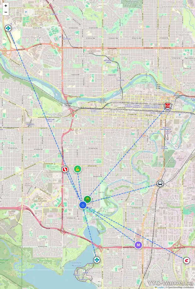 Daily accessibility map for 2002 49 AV SW, Calgary showing nearby schools, grocery stores, parks, LRT stations and nearby amenities