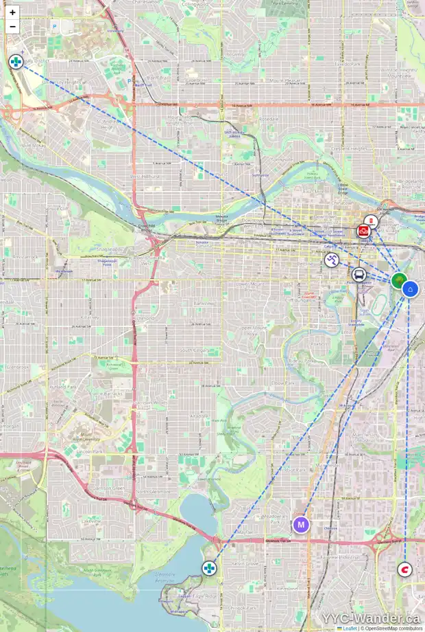 Daily accessibility map for 607 ALBERTA AV SE, Calgary showing nearby schools, grocery stores, parks, LRT stations and nearby amenities