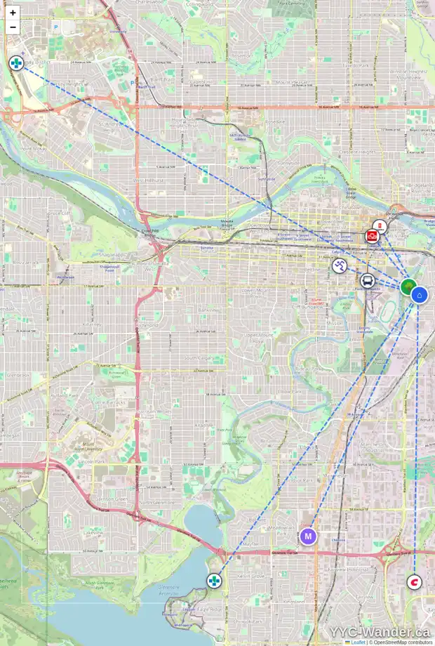 Daily accessibility map for 605 ALBERTA AV SE, Calgary showing nearby schools, grocery stores, parks, LRT stations and nearby amenities