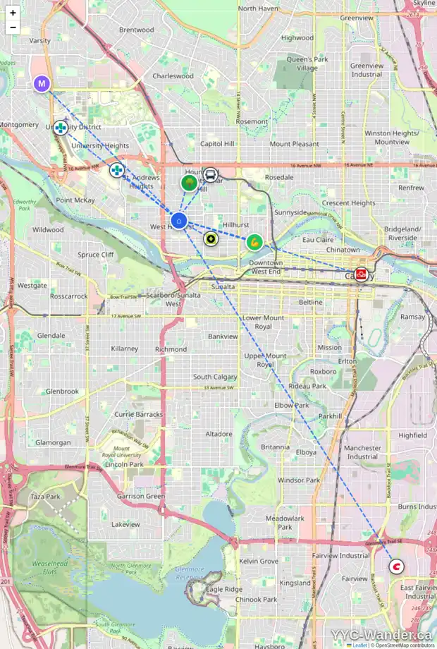 Daily accessibility map for 2308 4 AV NW, Calgary showing nearby schools, grocery stores, parks, LRT stations and nearby amenities