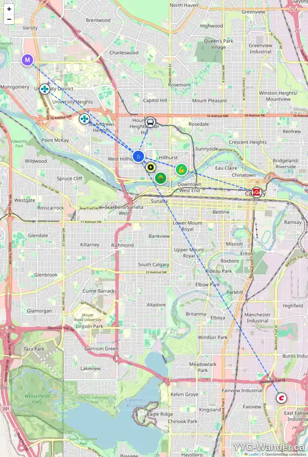 Daily accessibility map for 2115 4 AV NW, Calgary showing nearby schools, grocery stores, parks, LRT stations and nearby amenities