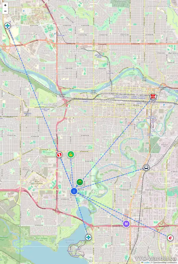 Daily accessibility map for 2019 50 AV SW, Calgary showing nearby schools, grocery stores, parks, LRT stations and nearby amenities