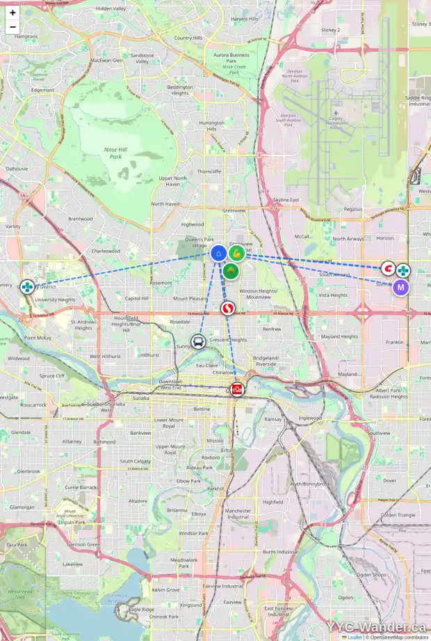 Daily accessibility map for 3517 1 ST NW, Calgary showing nearby schools, grocery stores, parks, LRT stations and nearby amenities
