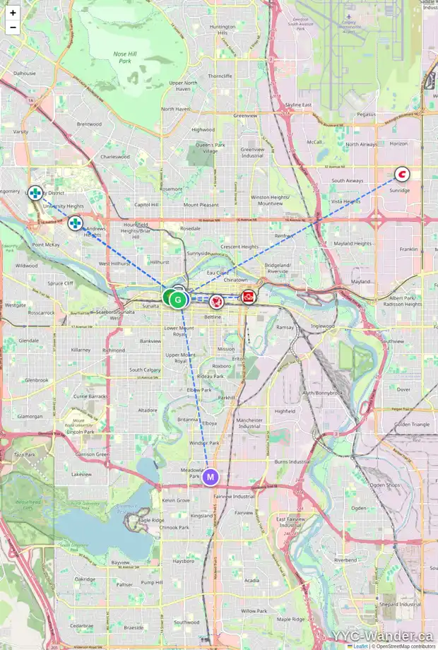 Daily accessibility map for 887 10 ST SW, Calgary showing nearby schools, grocery stores, parks, LRT stations and nearby amenities