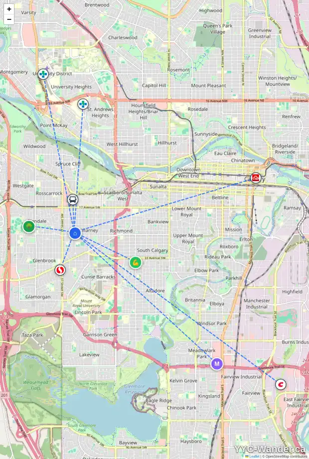 Daily accessibility map for 2613 33 ST SW, Calgary showing nearby schools, grocery stores, parks, LRT stations and nearby amenities