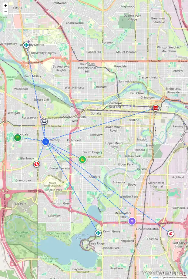 Daily accessibility map for 2615 33 ST SW, Calgary showing nearby schools, grocery stores, parks, LRT stations and nearby amenities