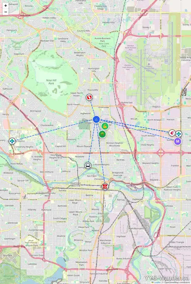Daily accessibility map for 4014 2 ST NW, Calgary showing nearby schools, grocery stores, parks, LRT stations and nearby amenities