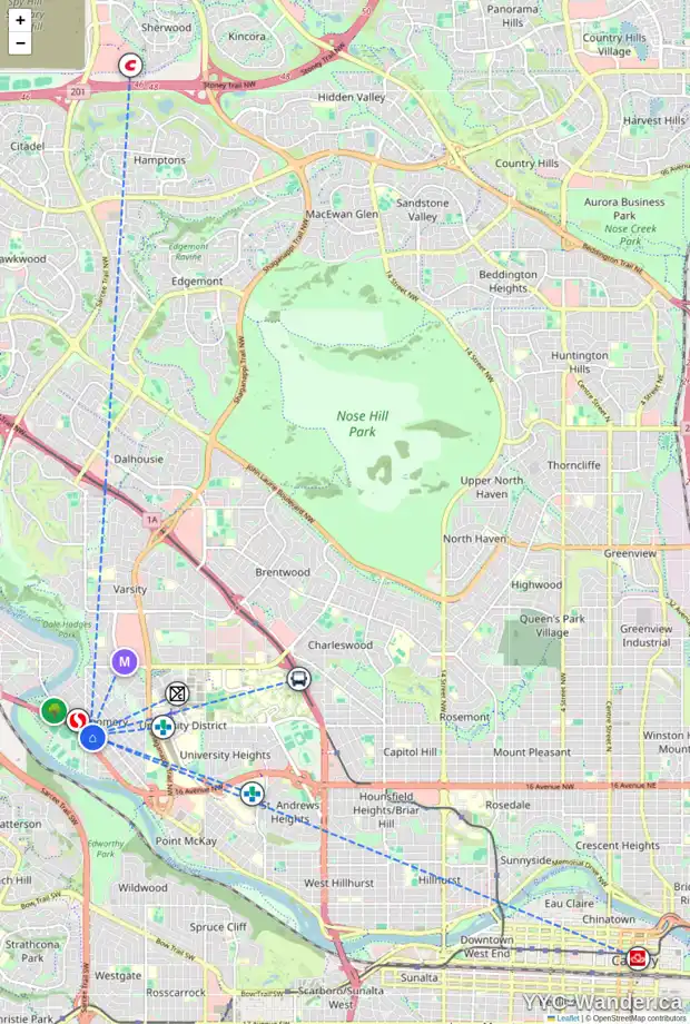 Daily accessibility map for 1 4731 17 AV NW, Calgary showing nearby schools, grocery stores, parks, LRT stations and nearby amenities