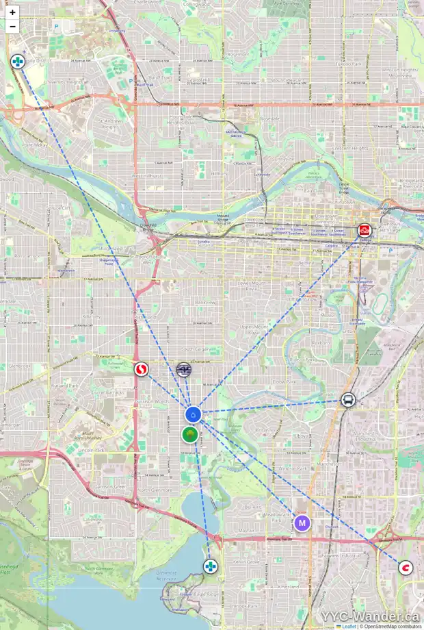 Daily accessibility map for 4318 17 ST SW, Calgary showing nearby schools, grocery stores, parks, LRT stations and nearby amenities