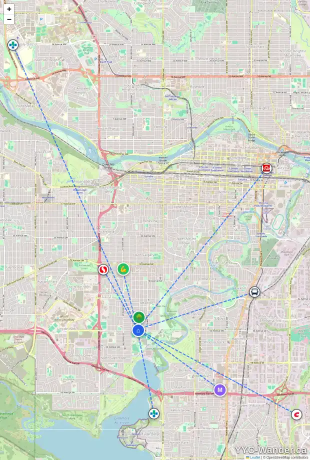 Daily accessibility map for 1910 50 AV SW, Calgary showing nearby schools, grocery stores, parks, LRT stations and nearby amenities