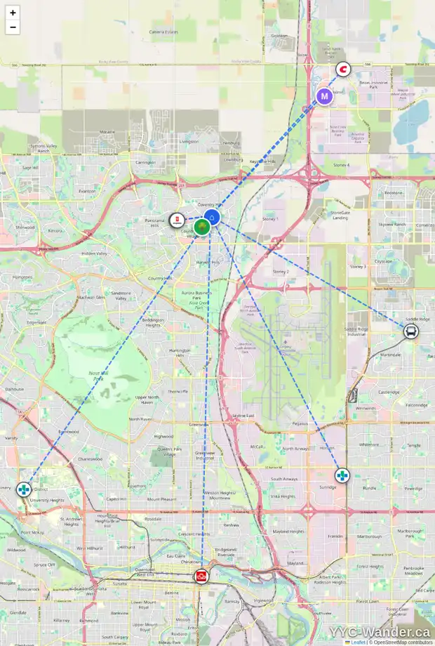 Daily accessibility map for 100 COVENTRY RD NE, Calgary showing nearby schools, grocery stores, parks, LRT stations and nearby amenities