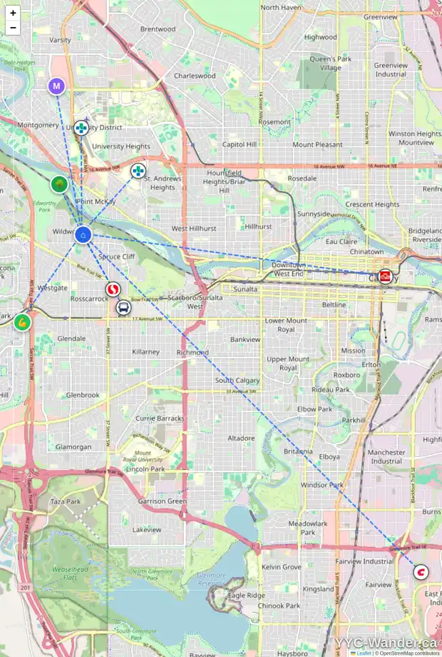 Daily accessibility map for 108 WEDGEWOOD DR SW, Calgary showing nearby schools, grocery stores, parks, LRT stations and nearby amenities